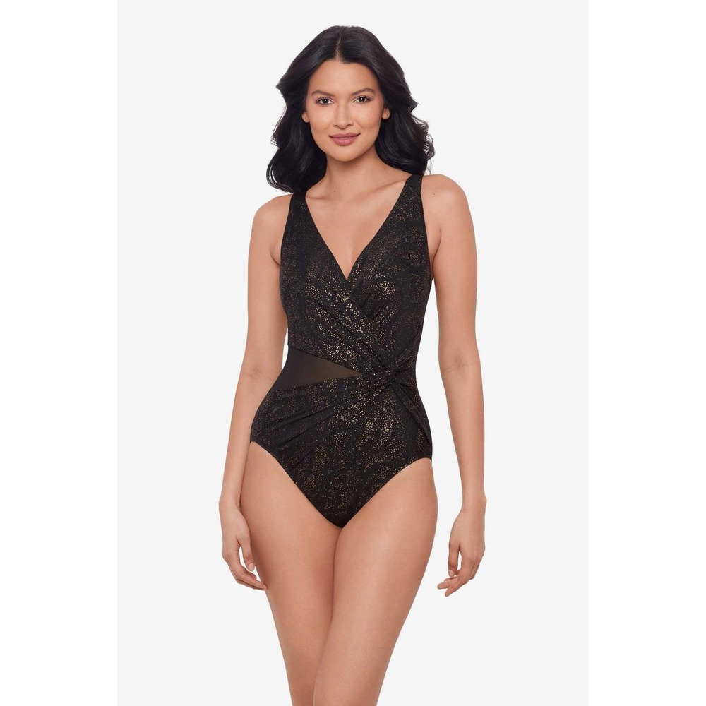 Miraclesuit Circe One Piece Swimsuit Brillante Black Gold Slimming Mesh 10 NWT